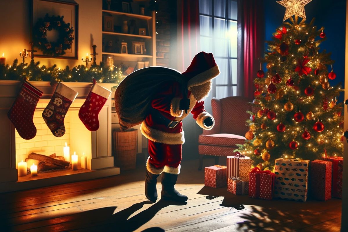 A mysterious figure in a Santa suit placing gifts under a Christmas tree in a warmly lit living room.