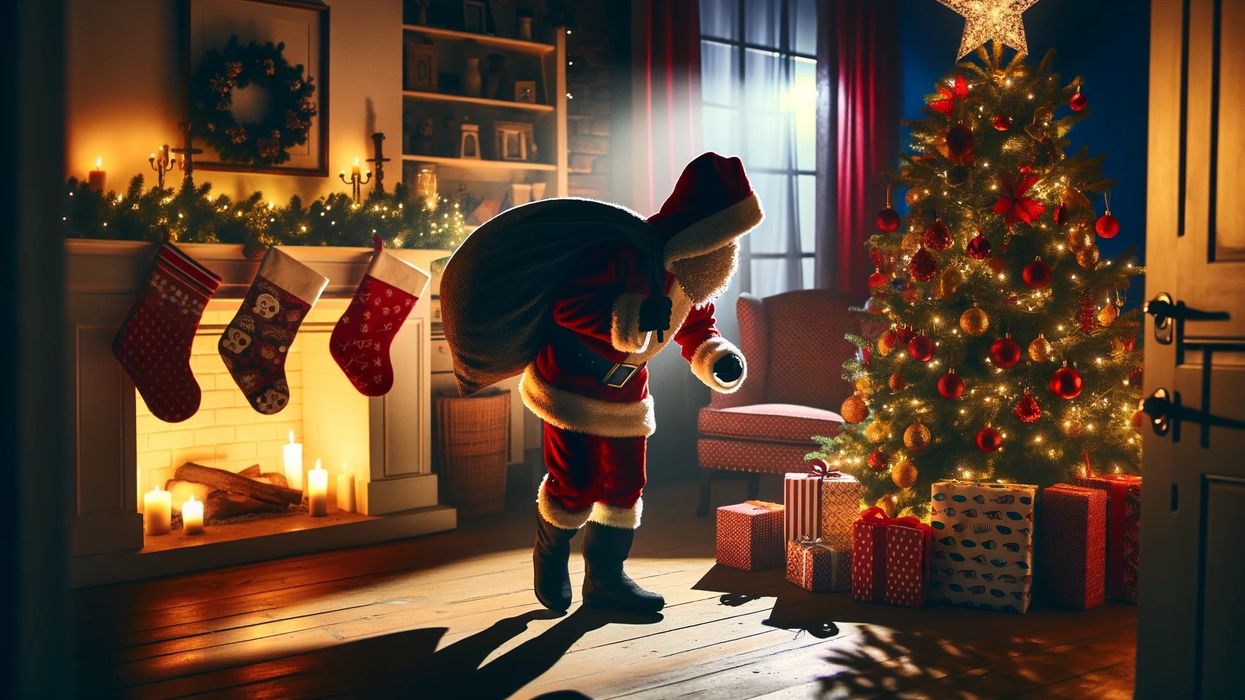 A mysterious figure in a Santa suit placing gifts under a Christmas tree in a warmly lit living room.