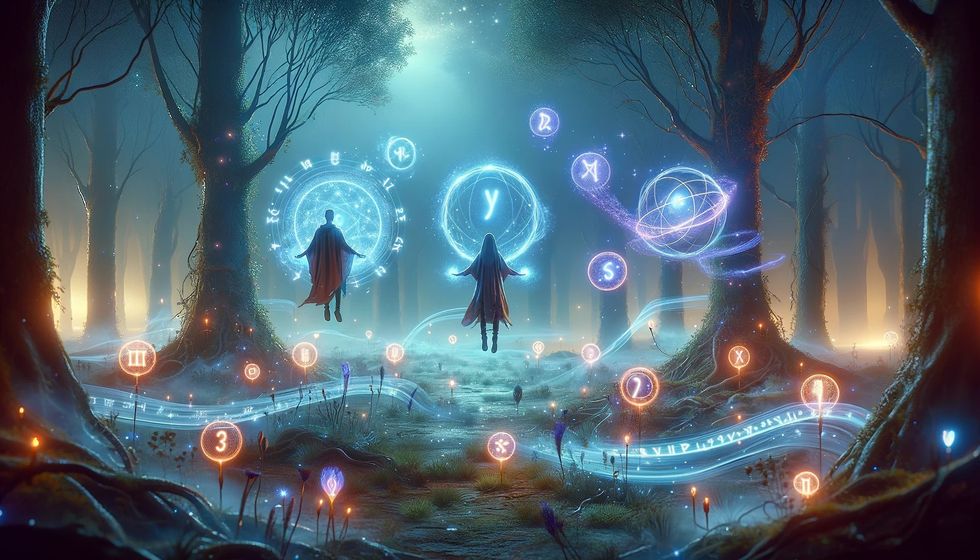 A mystical ancient forest at twilight, filled with ethereal lights and floating orbs. Two characters are central, each showcasing their psychic power