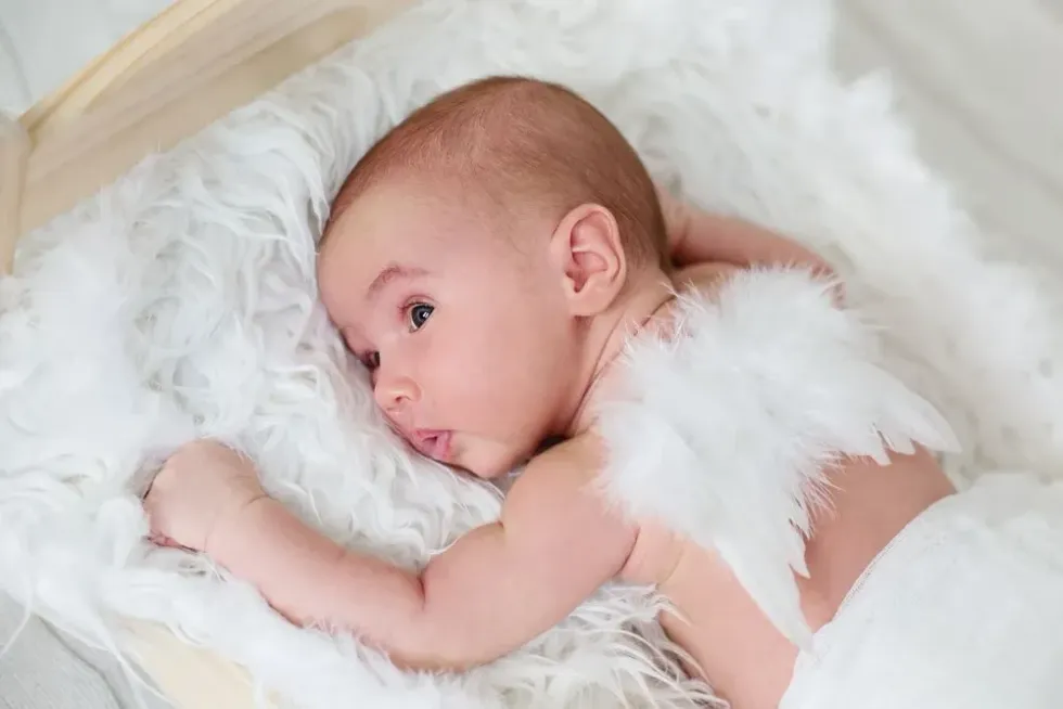 A newborn angel baby with white wings