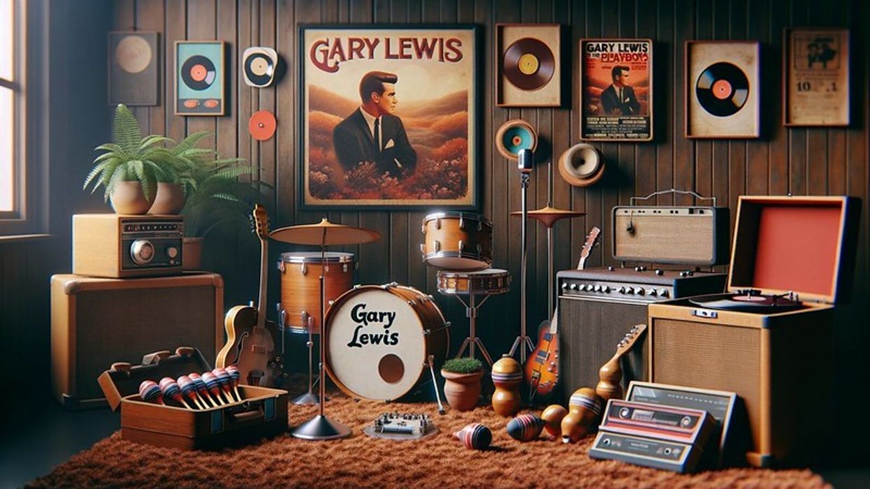 A nostalgic '60s-inspired room showcasing items linked to Gary Lewis, including a vintage drum set, microphone, vinyl records, maracas, and posters on the wall