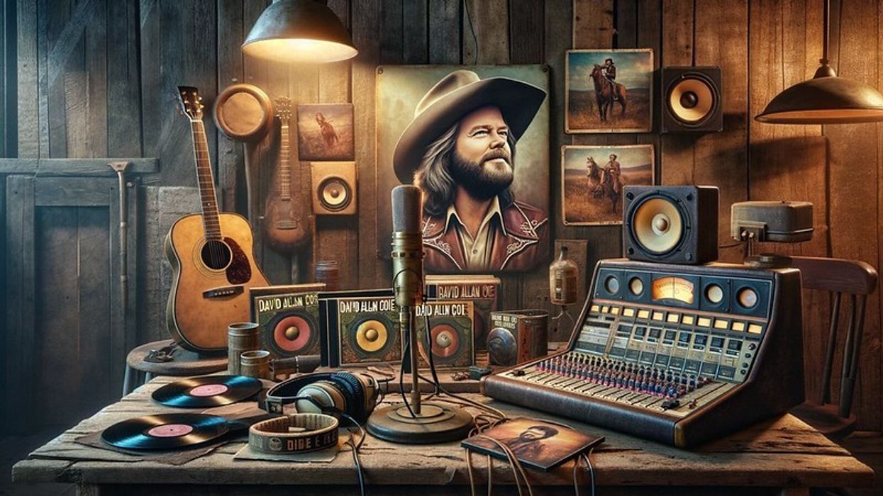 A nostalgic scene in a rustic music studio, featuring vintage recording equipment and albums reminiscent of David Allan Coe's musical career.