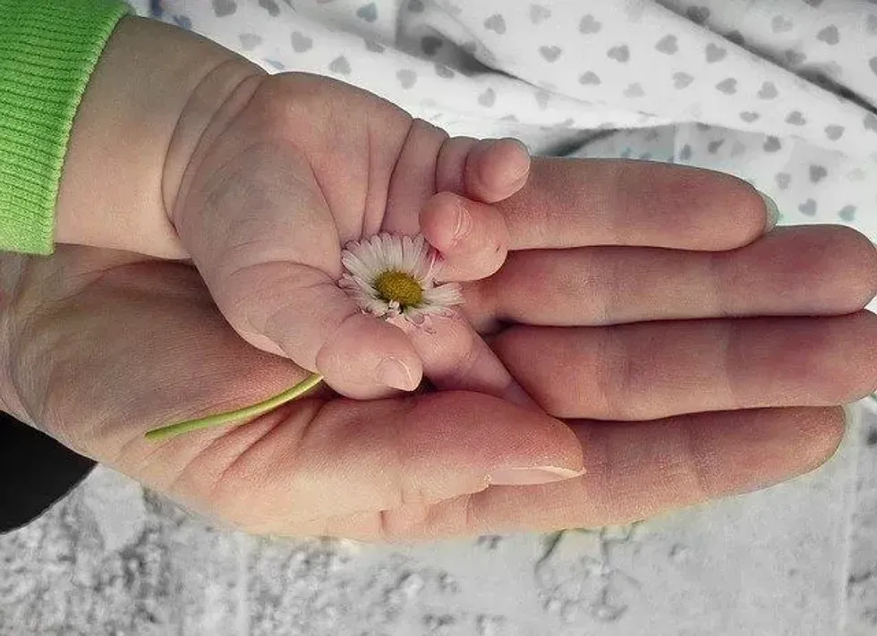 A parent holding a baby's hand and tiny flower