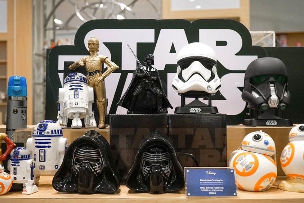 A photo of Starwars merchandises on a shelf display