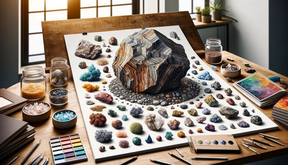 A piece of rock placed beside an array of various types of rock minerals, each distinctly represented to showcase their diversity in color, shape, and texture.