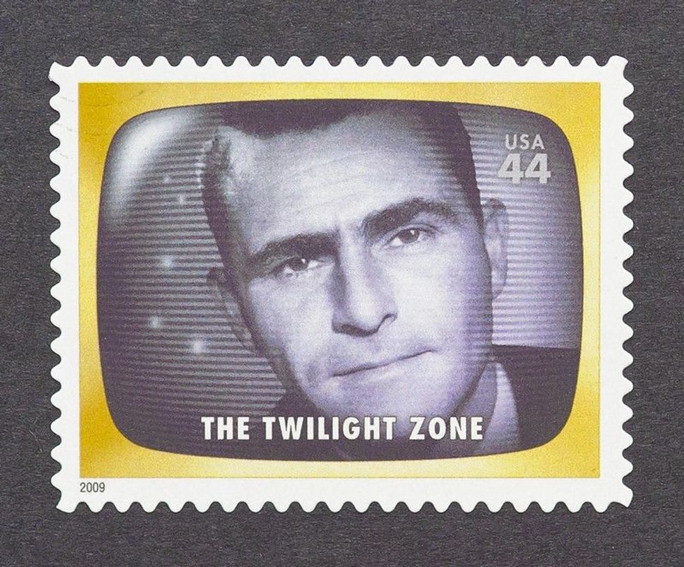 A postage stamp of Rod Serling printed in USA commemorative of the american television program The Twilight Zone