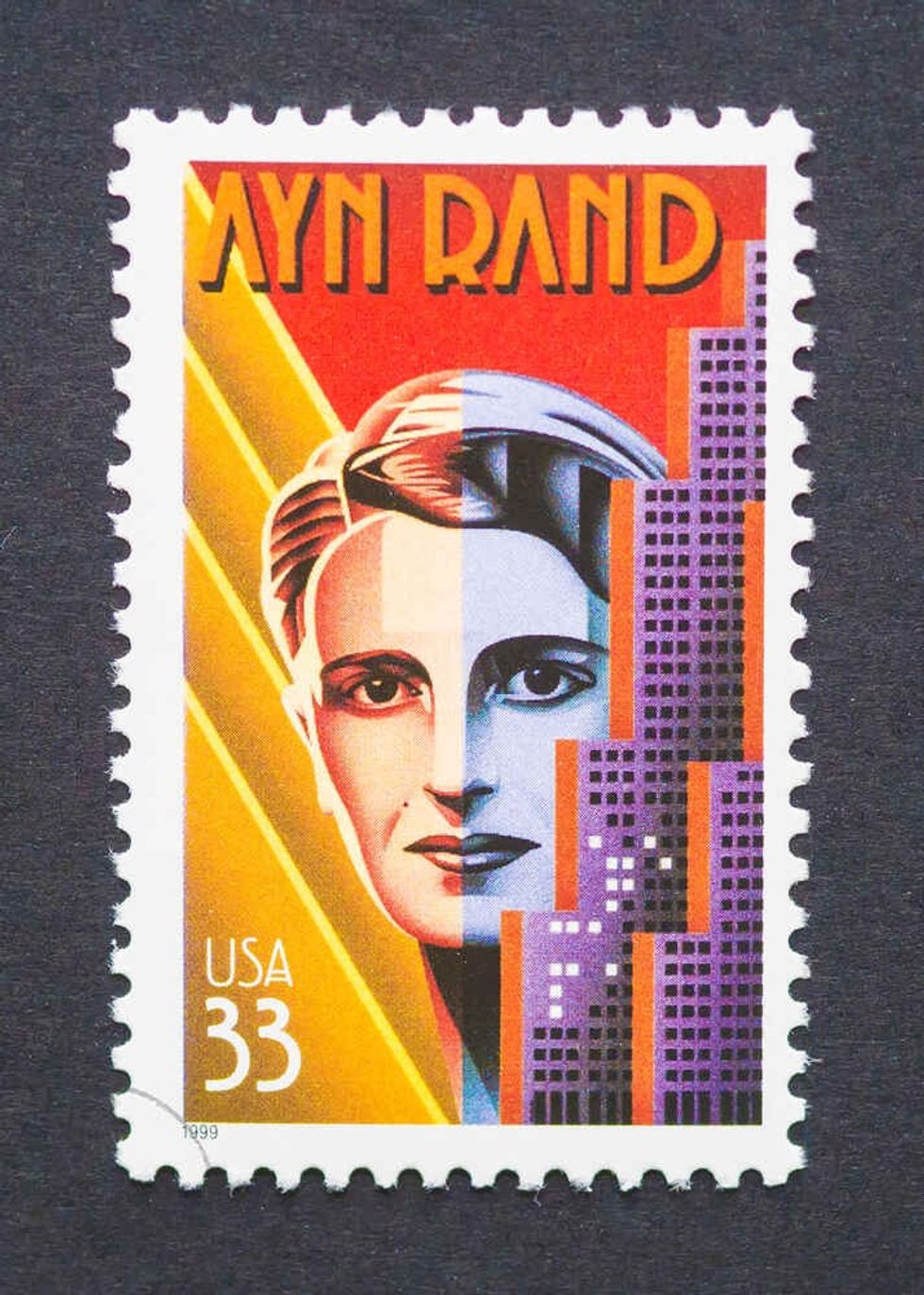a postage stamp printed in USA showing an image of Ayn Rand