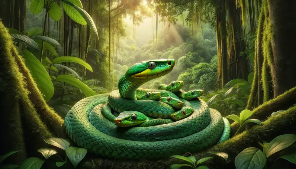A protective Eastern Green Mamba coiling around her young in the dense, tropical forest, illustrating a nurturing moment in their natural habitat.