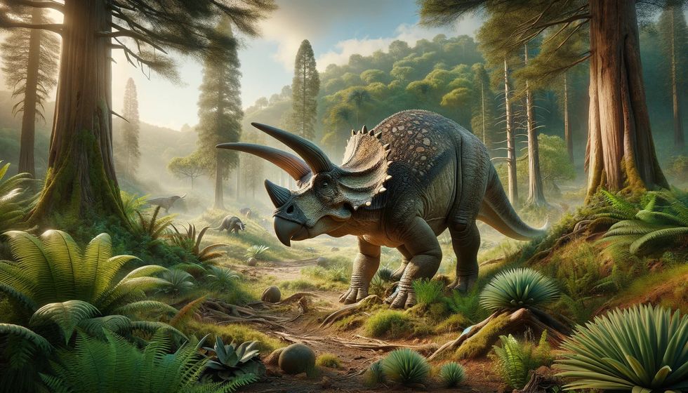 A Protoceratops forages in a lush, Cretaceous period landscape with dense vegetation, including ferns, cycads, and coniferous trees.