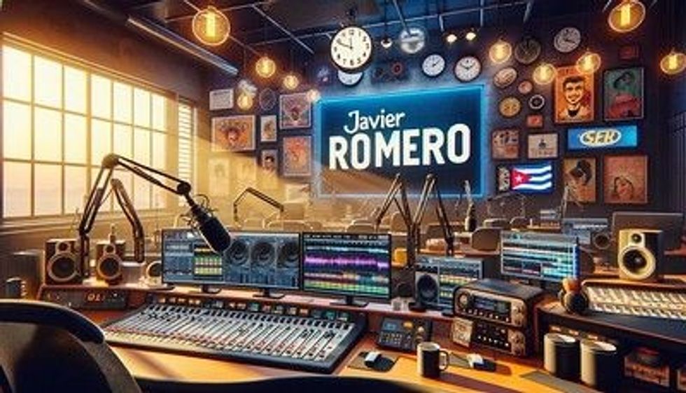 A radio studio with microphones, sound mixers, and computers, and a digital screen in the studio displaying 'Javier Romero'