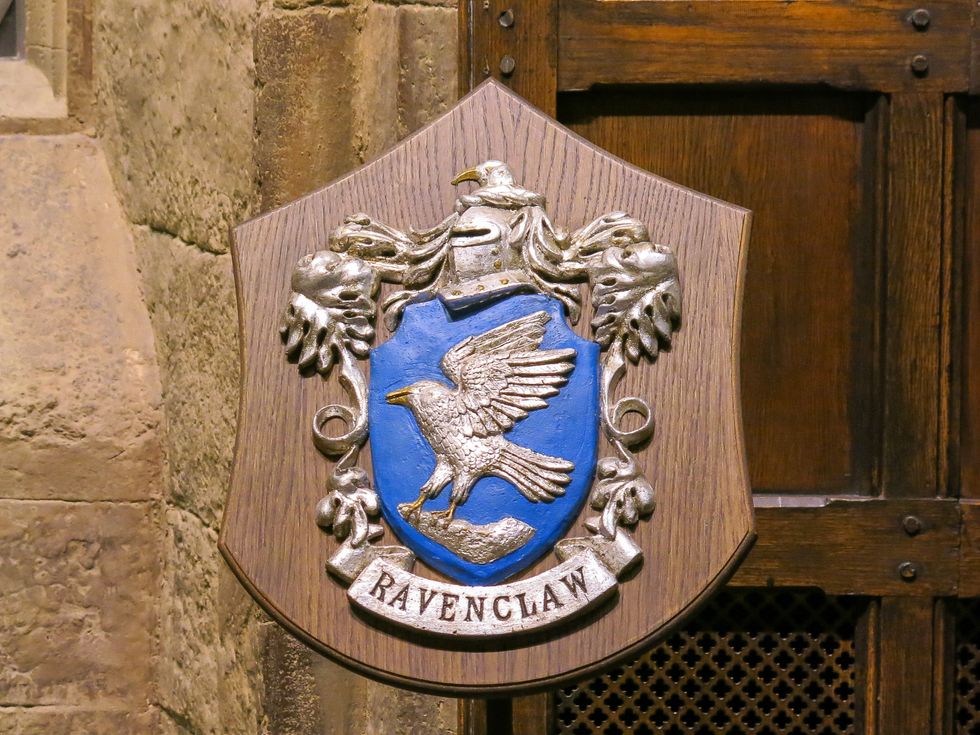 A ravenclaw crest hanging in front of a door.