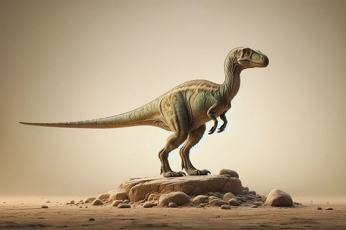 A realistic depiction of a Dryosaurus against a plain, neutral background, highlighting its long legs, short arms, and a long, stiff tail.