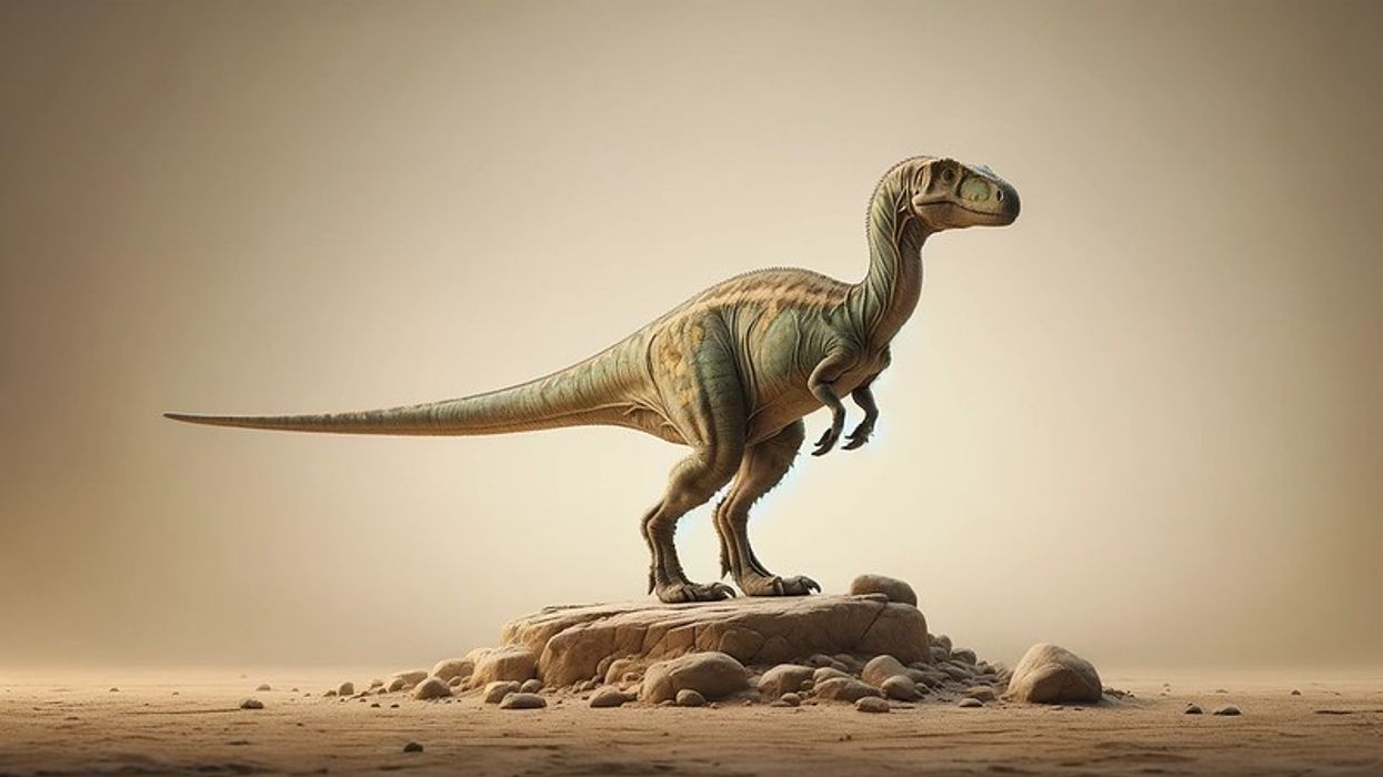 A realistic depiction of a Dryosaurus against a plain, neutral background, highlighting its long legs, short arms, and a long, stiff tail.