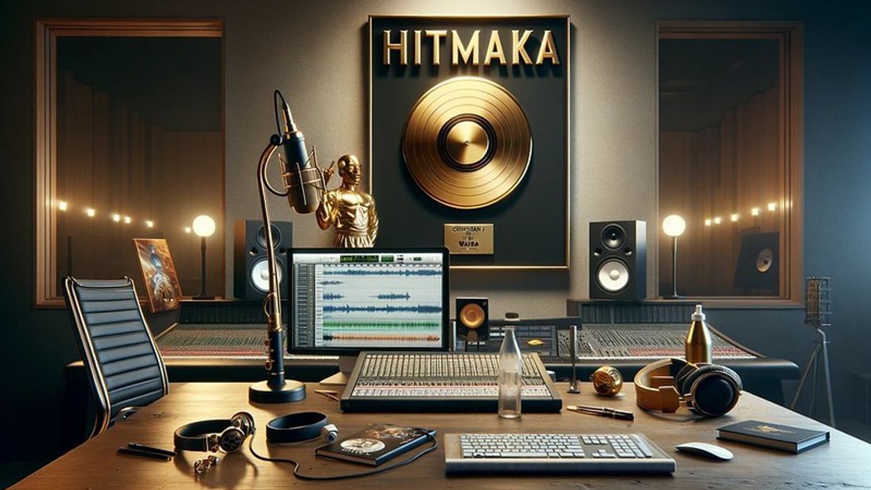 A recording studio setup with 'Hitmaka' spelled out prominently, surrounded by music production equipment and a gold record plaque.