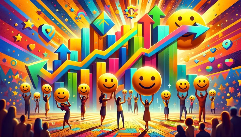  A representation of people infront of charts and graphs with upward trends, surrounded by smiley faces.