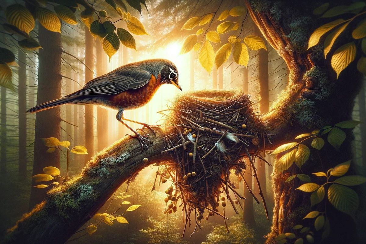 A robin approaches its reused nest at dawn within a dense, leafy forest bathed in golden sunlight, symbolizing renewal and the cycle of life.