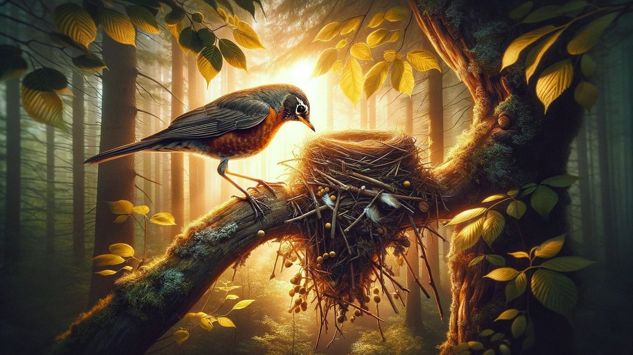A robin approaches its reused nest at dawn within a dense, leafy forest bathed in golden sunlight, symbolizing renewal and the cycle of life.