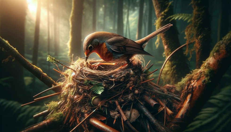 A robin weaving twigs, grass, and mud into a nest in a tranquil forest, highlighted by sunlight through leaves.