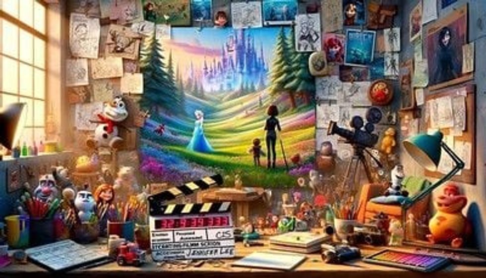 A room with toys and posters depicting Disney characters, a clapperboard with 'Jennifer Lee' written on it, and various film production equipment.