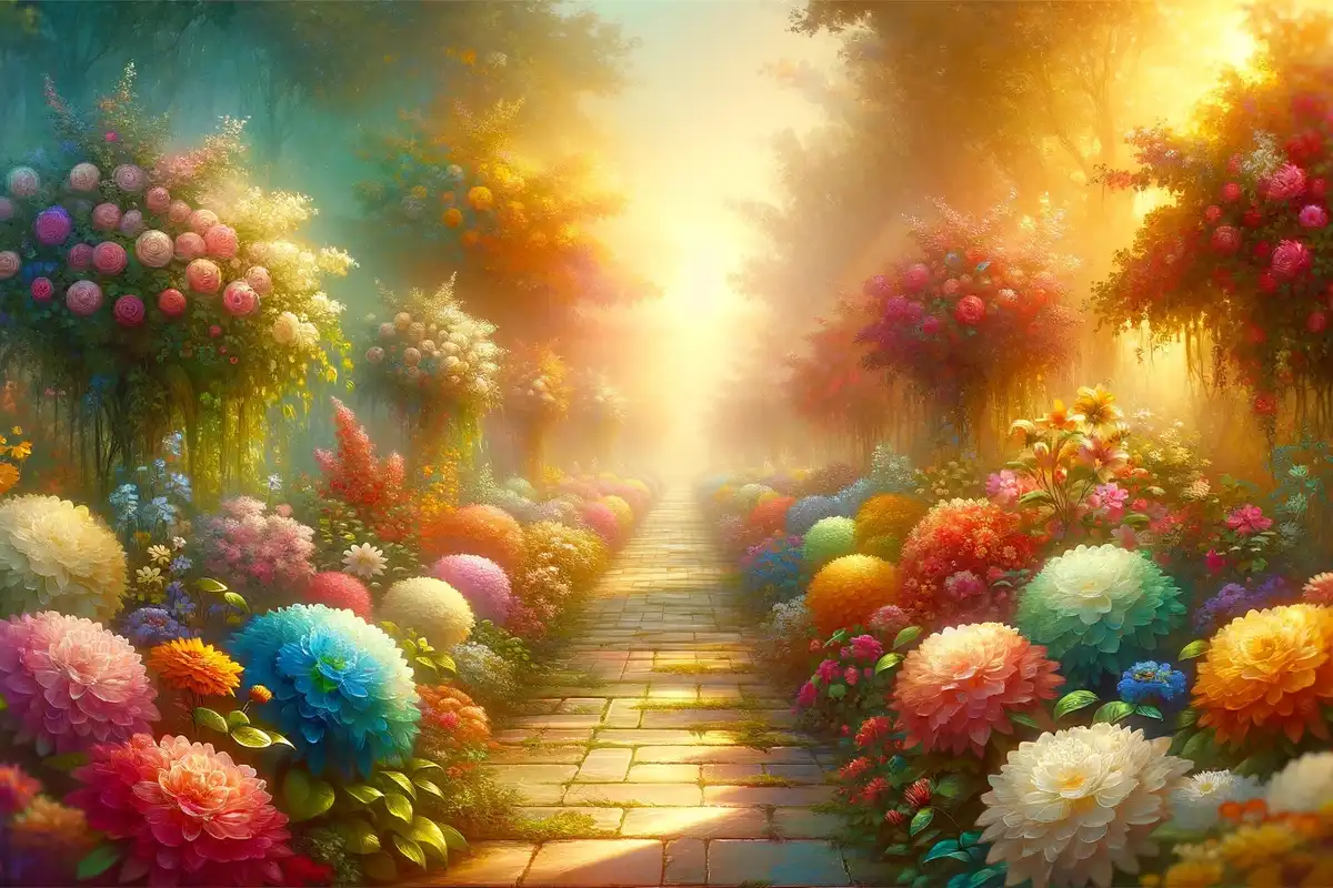 A serene and colorful garden pathway, ideal for symbolizing the beauty and potential of flower names for boys.