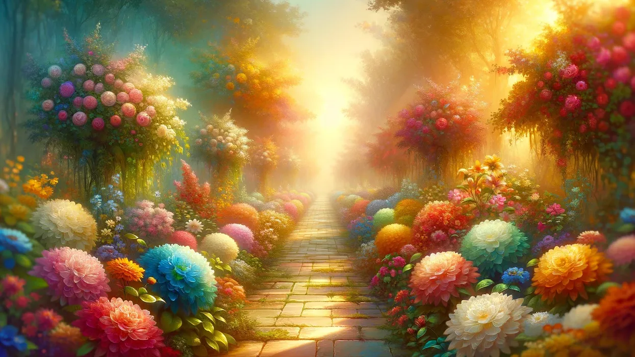 A serene and colorful garden pathway, ideal for symbolizing the beauty and potential of flower names for boys.