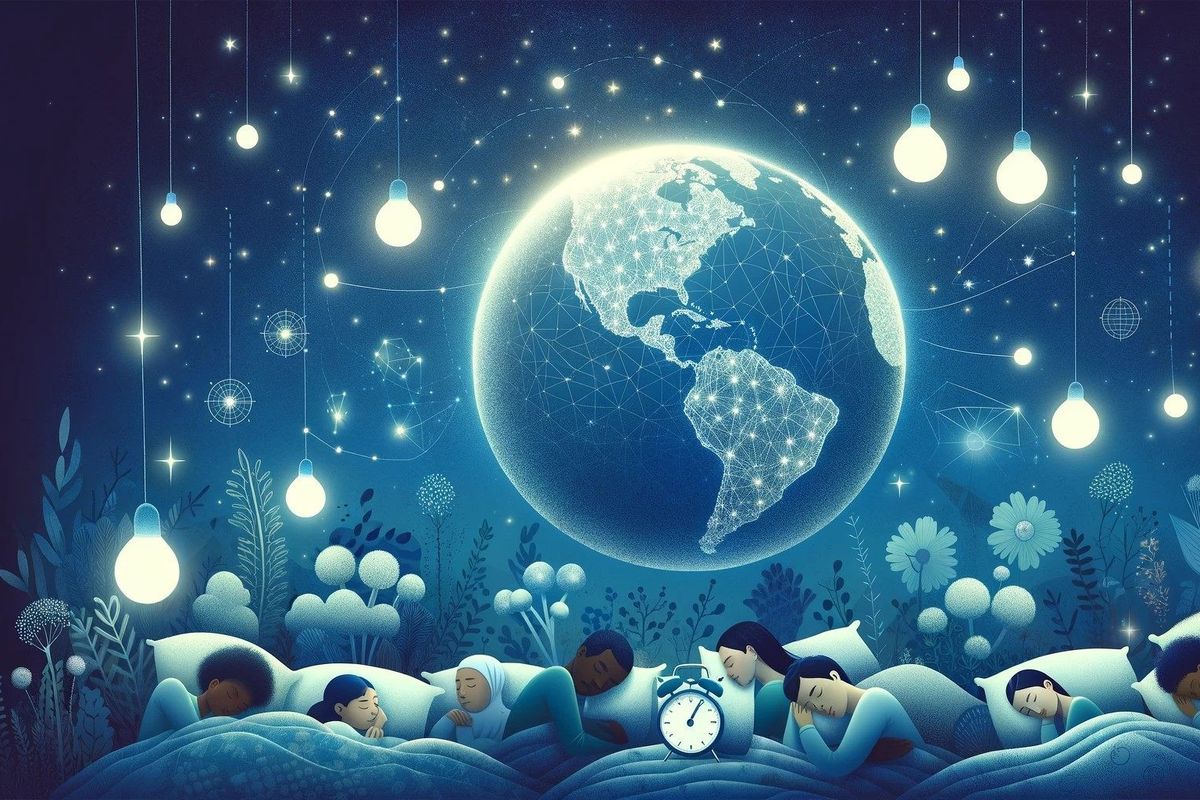 A serene night-time landscape showcasing a diverse group of people sleeping peacefully under the stars, surrounded by symbols of sleep and a softly glowing globe