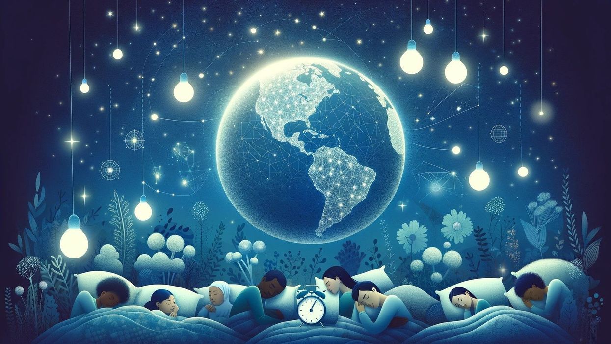 A serene night-time landscape showcasing a diverse group of people sleeping peacefully under the stars, surrounded by symbols of sleep and a softly glowing globe