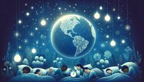 A serene night-time landscape showcasing a diverse group of people sleeping peacefully under the stars, surrounded by symbols of sleep and a softly glowing globe