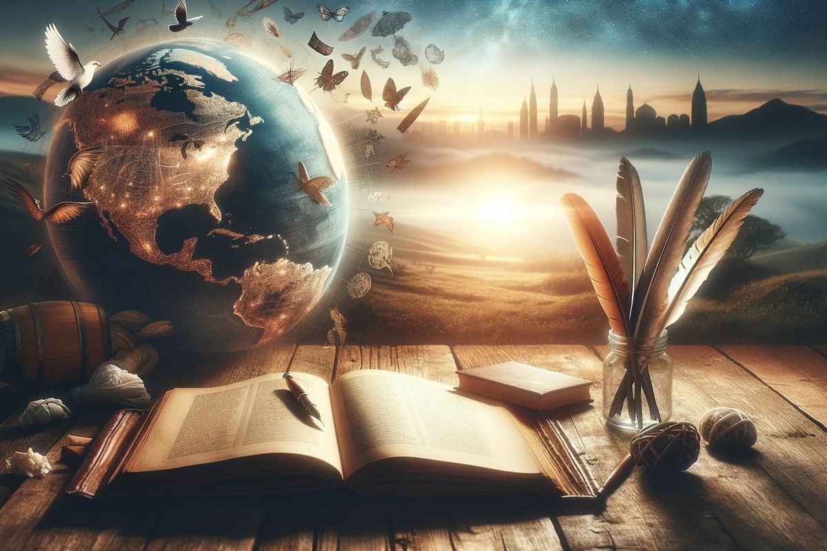 A serene outdoor scene featuring an open book, a quill, and paper on a wooden table, with faint outlines of global landmarks in the background.