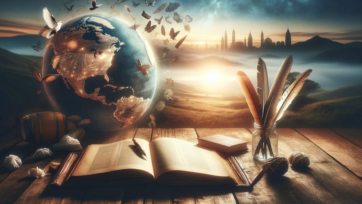 A serene outdoor scene featuring an open book, a quill, and paper on a wooden table, with faint outlines of global landmarks in the background.