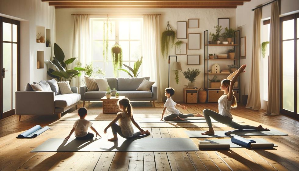 A serene yoga session at home with a parent and two children in various poses.