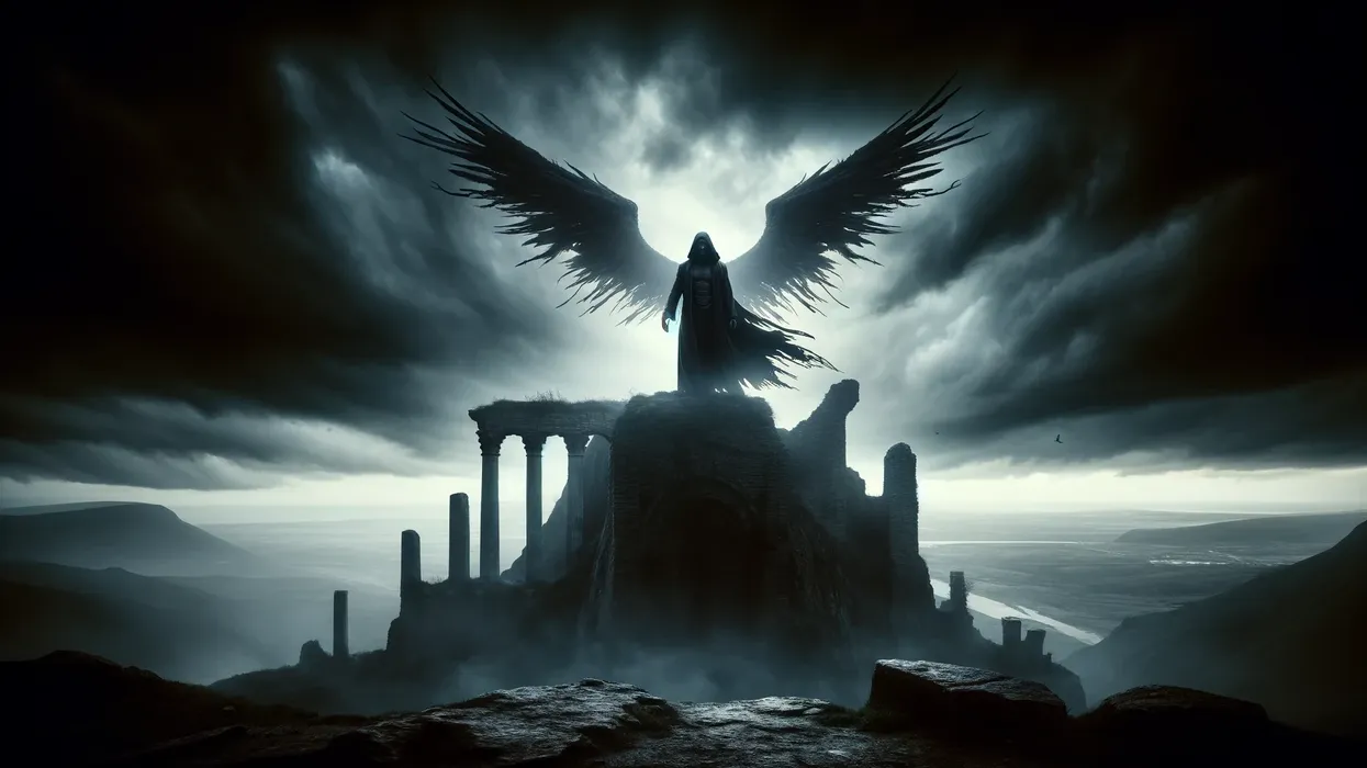 A shadowy figure with large, tattered wings atop ancient ruins under a stormy sky, setting the tone for the mystical and powerful theme of fallen angels.
