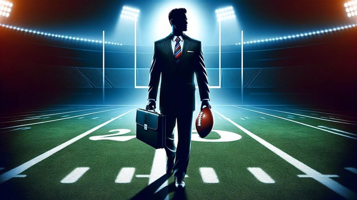 A silhouette of a businessman, a leather briefcase, and an American football.