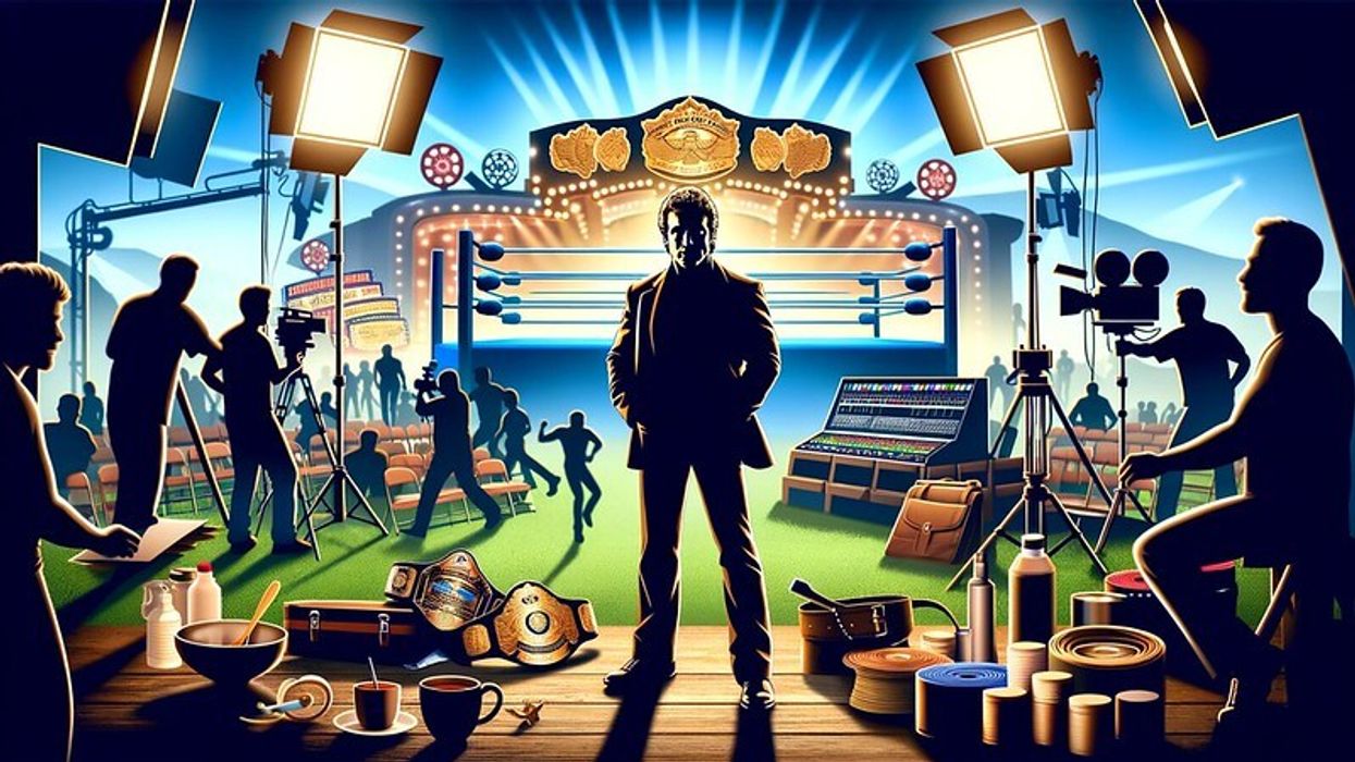 A silhouette of a male actor on a wrestling-themed movie set.