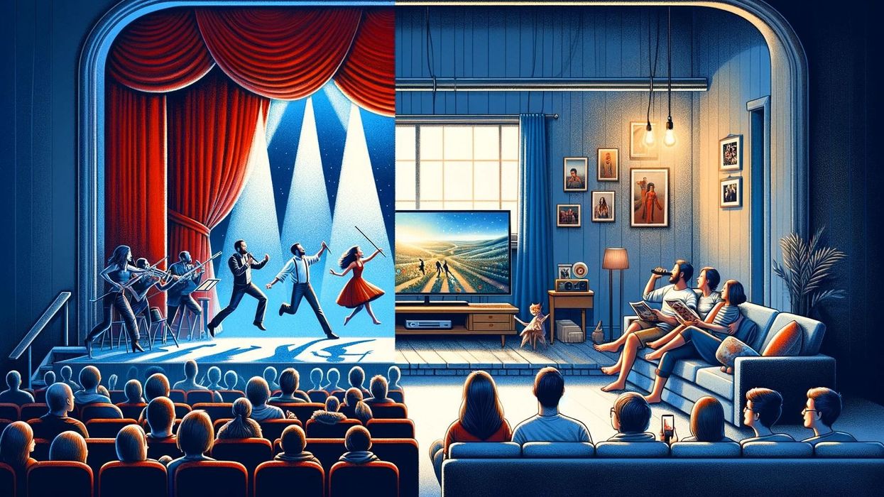 A split scene showing a live theater performance on the left and a family watching TV in a living room on the right.