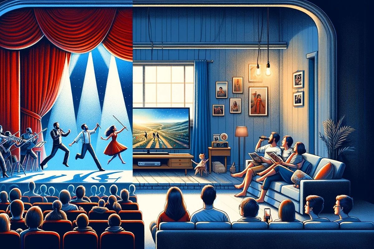 A split scene showing a live theater performance on the left and a family watching TV in a living room on the right.