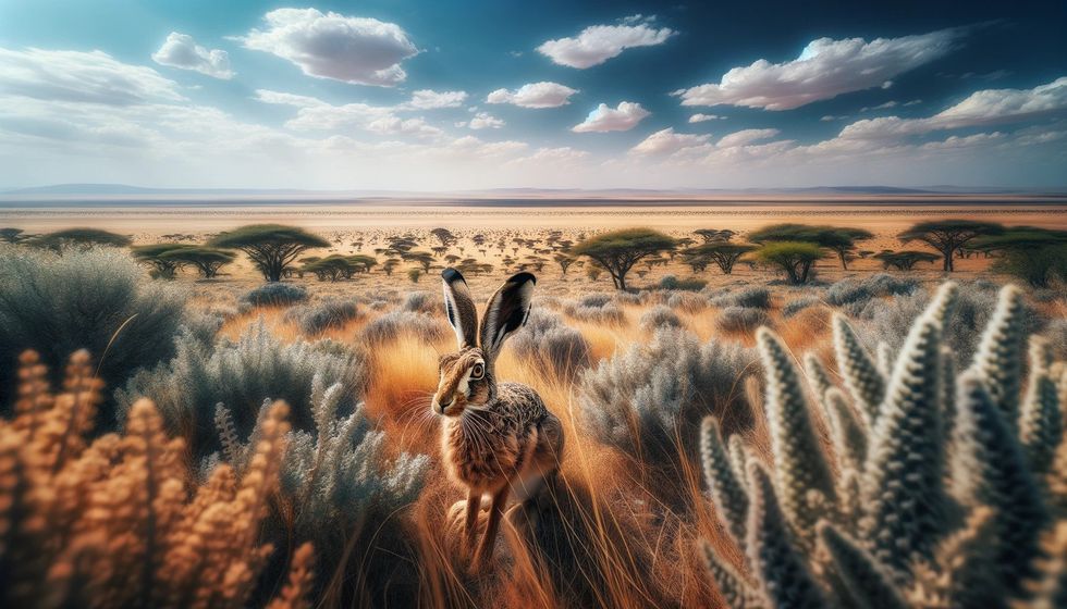 A spring hare in the vast, open African savannah, captured in landscape format with sparse vegetation and a clear blue sky.