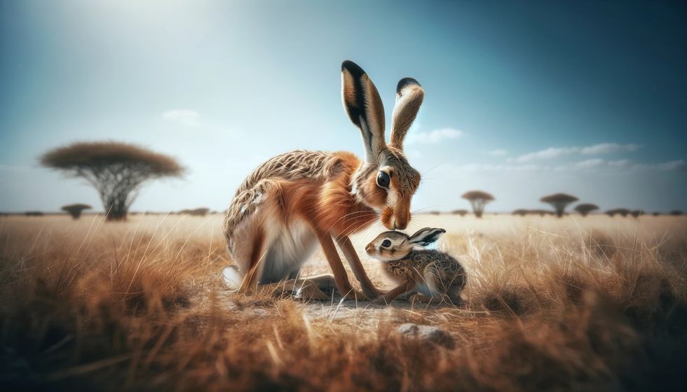 A spring hare nurturing its offspring in the African savannah, captured in a wider landscape scene under a clear blue sky.