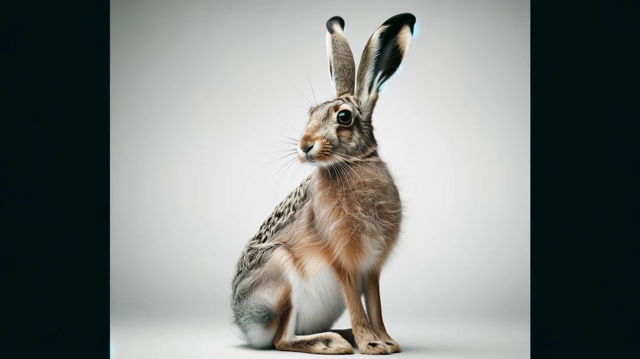 A spring hare sitting upright on its hind legs against a white background in a landscape-oriented studio setting.