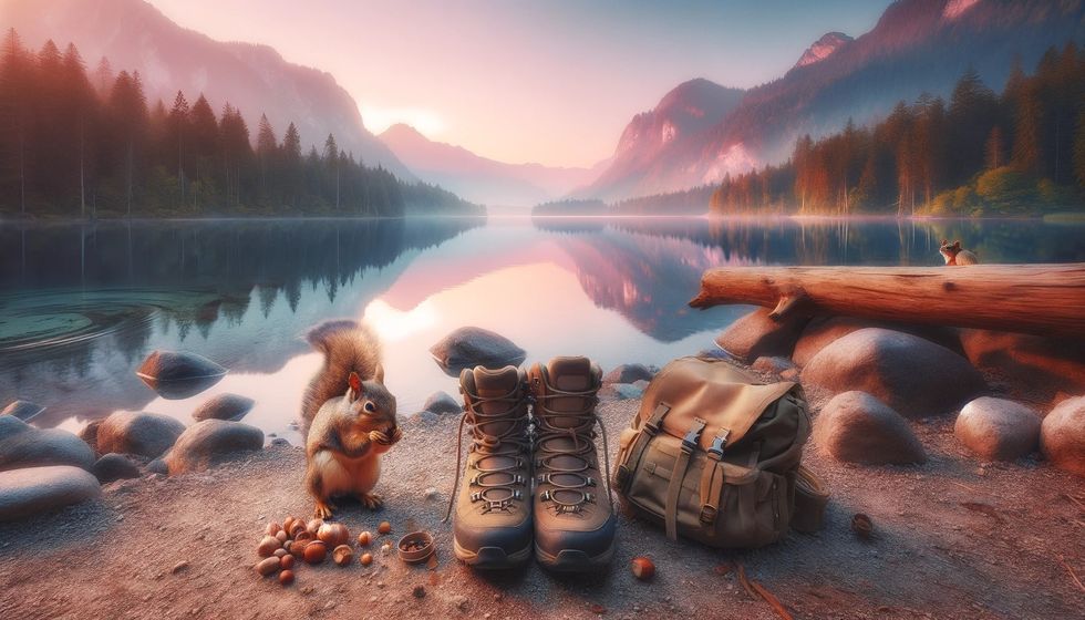 A squirrel near hiking gear by a lake at dawn, symbolizing preparation in facts about hiking.