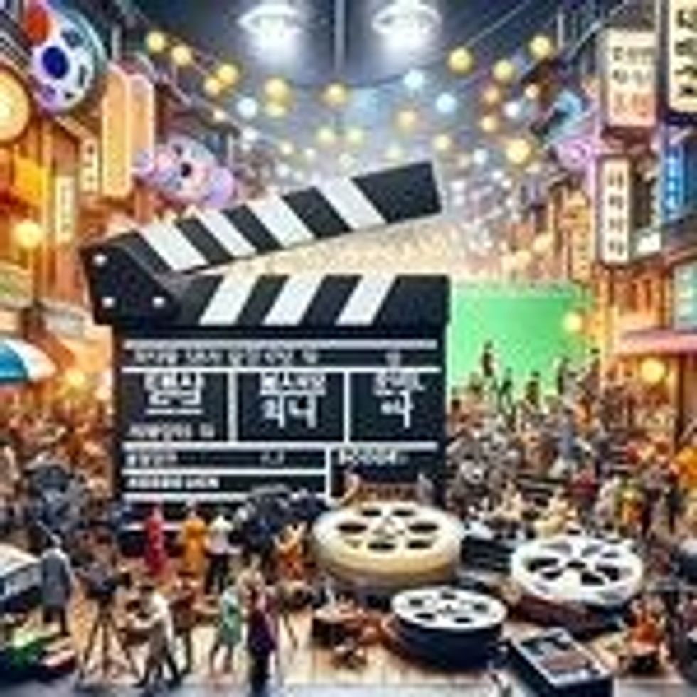 A stage landscape featuring a clapperboard, cameras, film reels, stage lights, and people