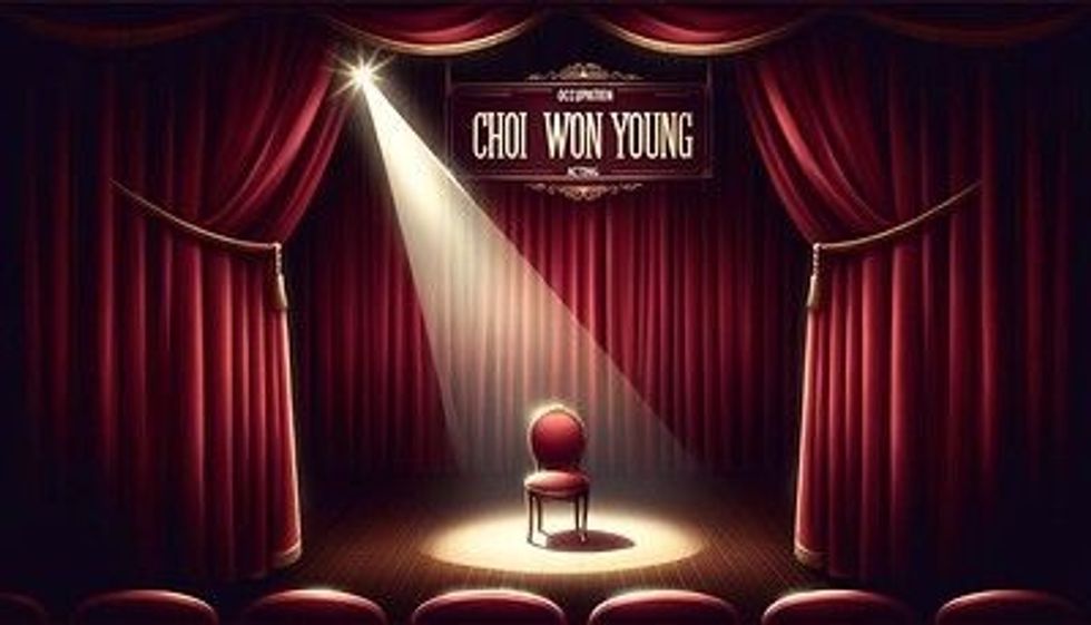 A stage with a spotlight on an empty chair, a red curtain in the background, and 'Choi Won Young' written above