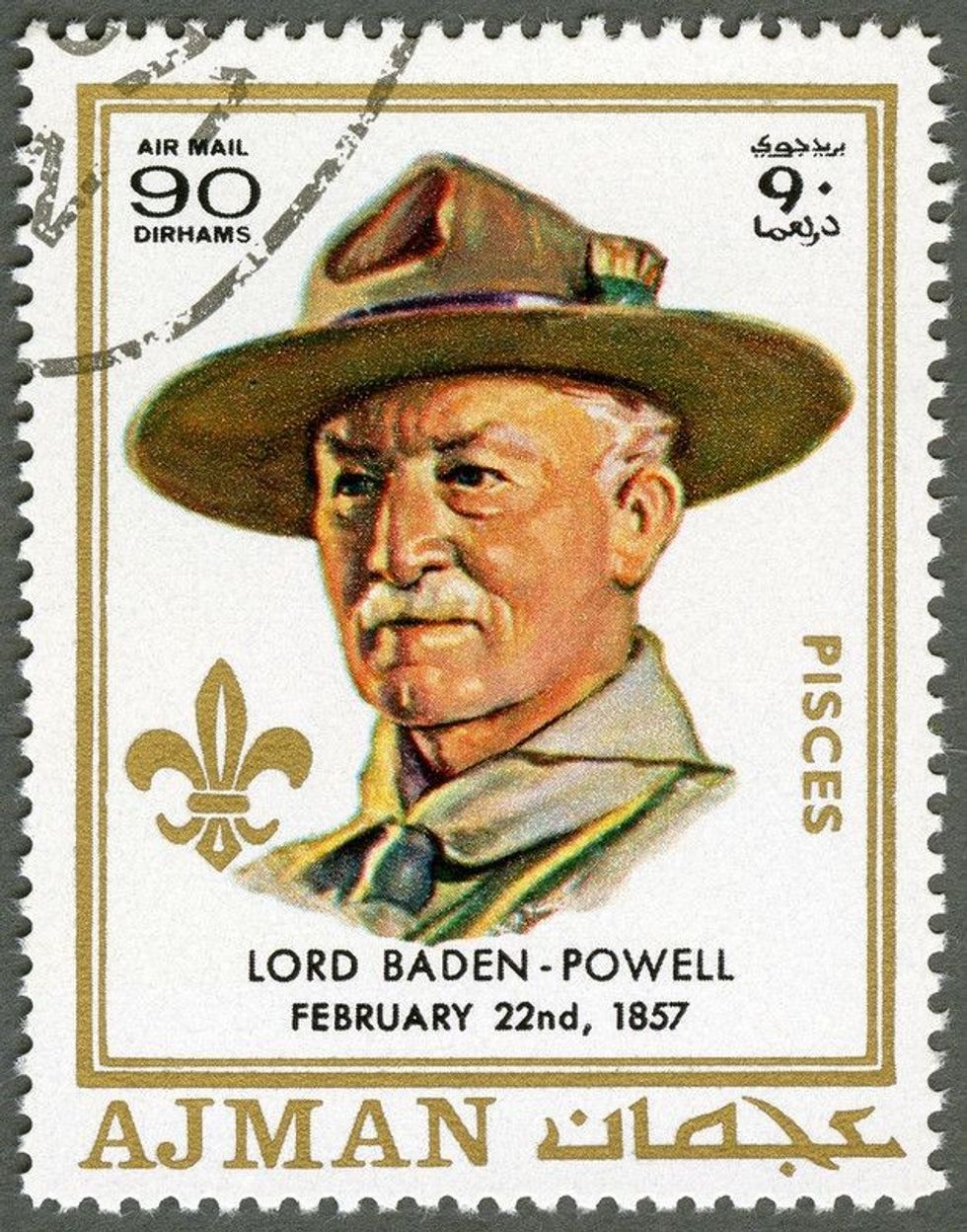 A stamp printed in Ajman shows Robert Baden-Powell (1857-1941)