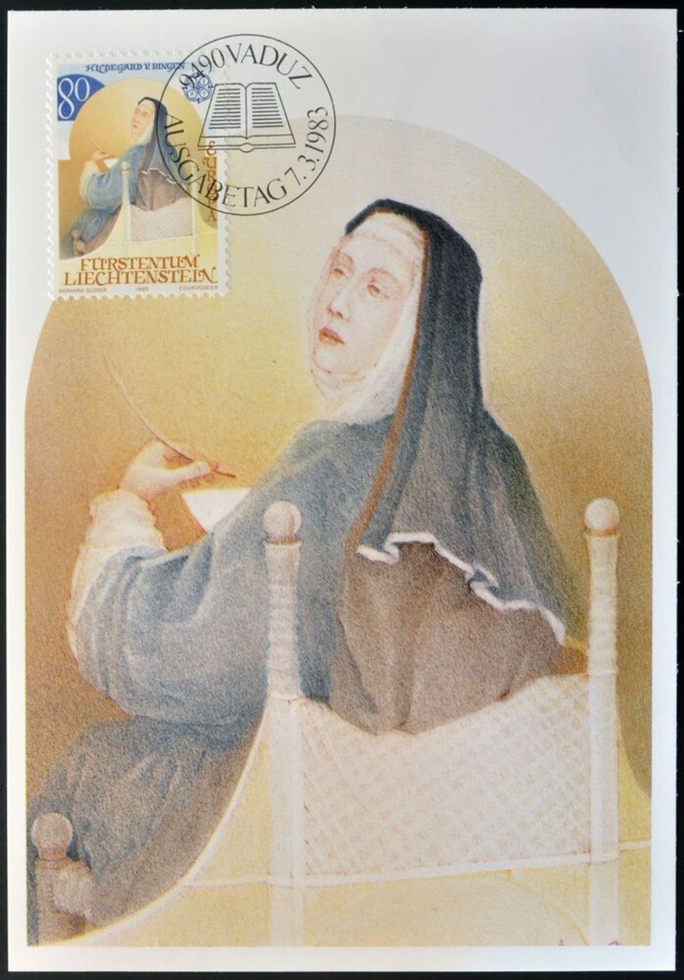  A stamp printed in Liechtenstein shows Hildegard of Bingen, circa 1983