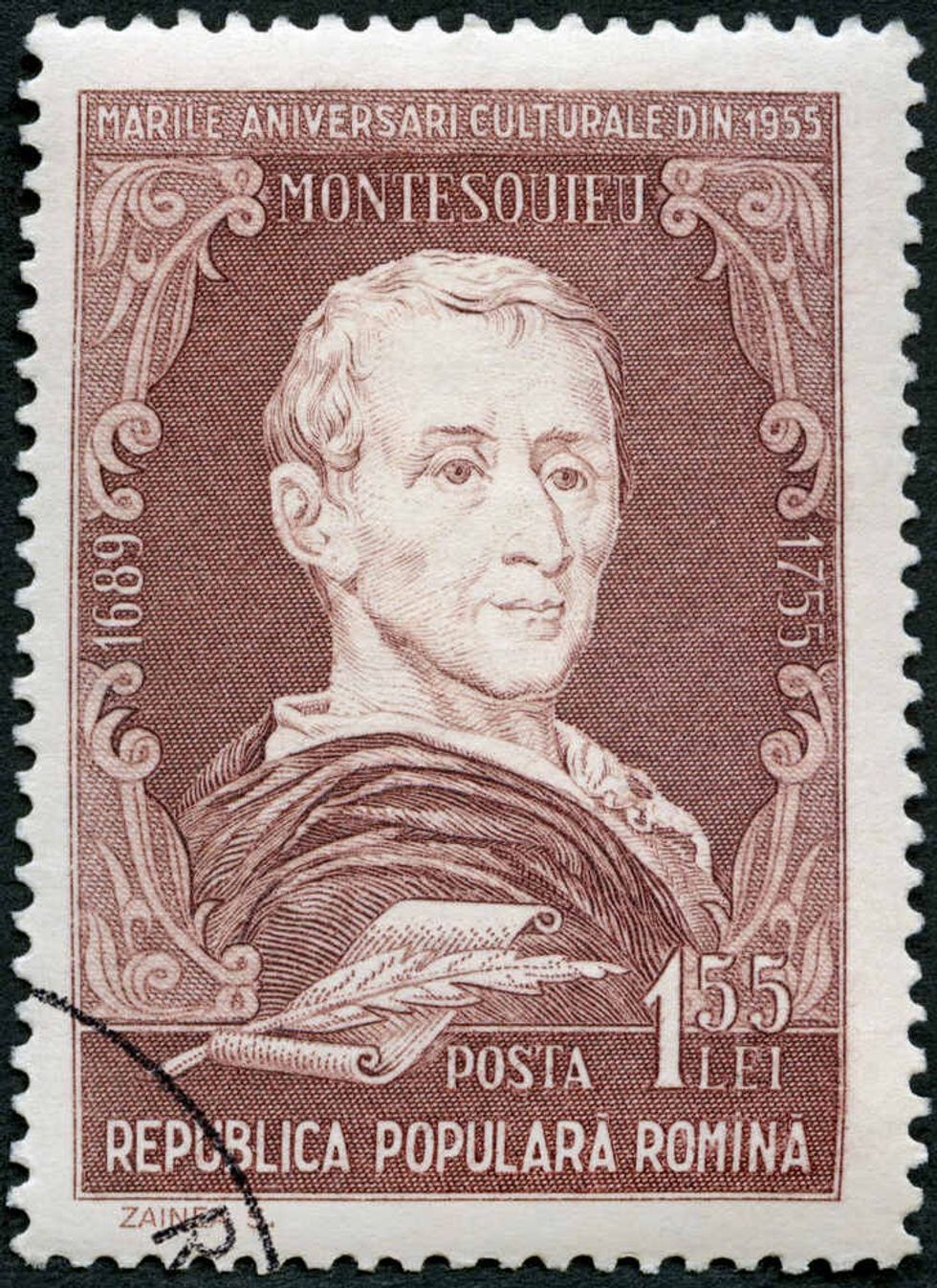 A stamp printed in Romania shows Baron Montesquieu