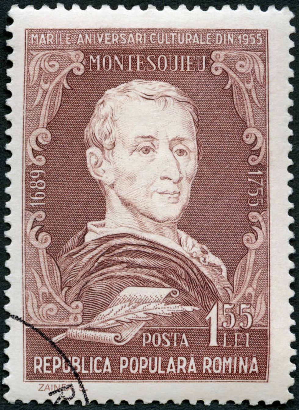 A stamp printed in Romania shows Baron Montesquieu