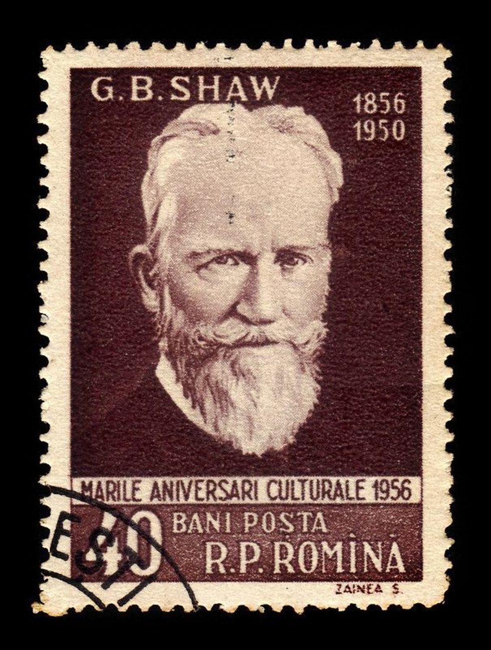 A stamp printed in Romania shows George Bernard Shaw (1856-1950) irish writer and playwright, circa 1956