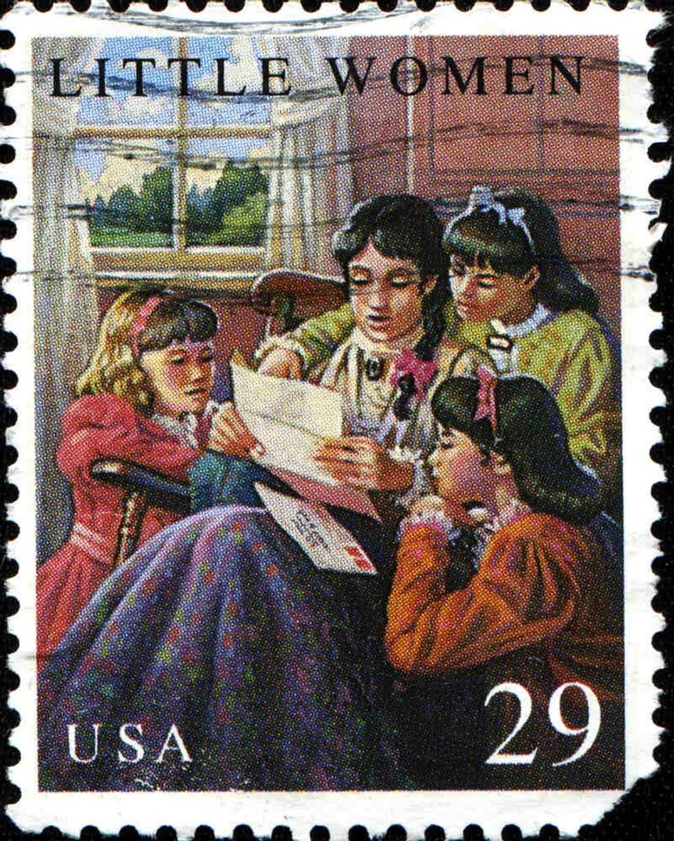 A stamp printed in United States of America shows Little women tells the story of four sisters growing up in New England in the 1800's