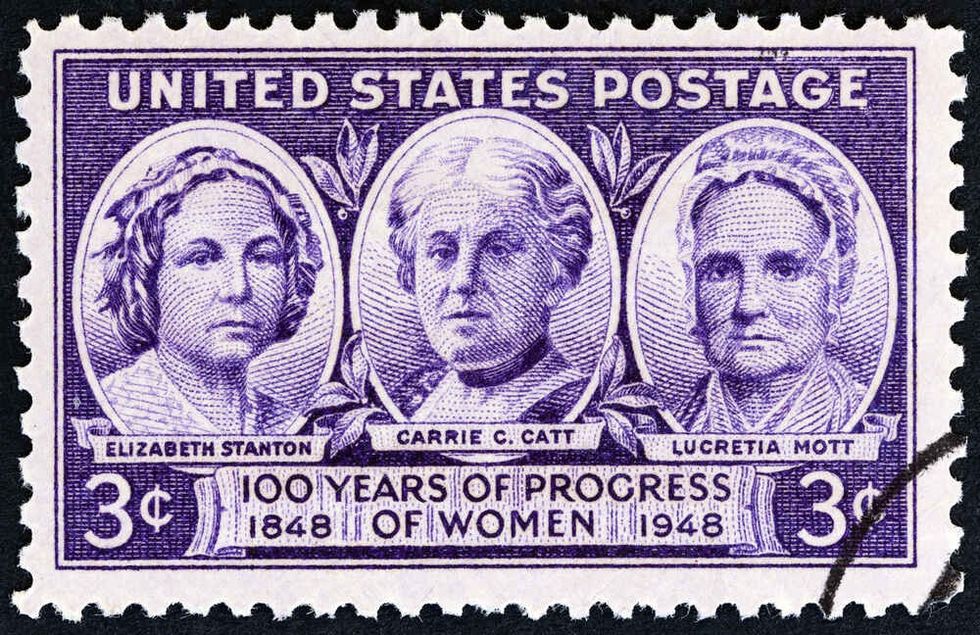  A stamp printed in USA from the "Progress of American Women " issue shows Elizabeth Stanton, Carrie Chapman Catt, and Lucretia Mott, circa 1948.
