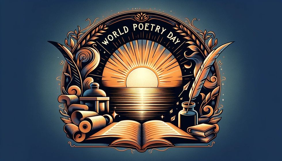 A symbolic sunrise over a horizon with silhouettes of poetry elements like scrolls, inkwells, and quills, symbolizing the dawn of World Poetry Day.